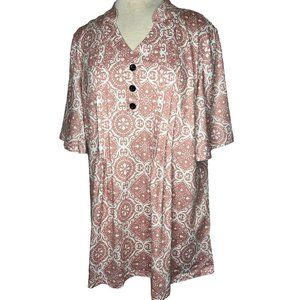 Hocosit women’s XL pullover blouse pink white geometric print short sleeve V-nec